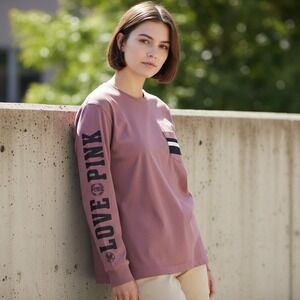 PINK Victoria's Secret LOVE PINK Long Sleeve Pocket Tee Shirt Pink Rose XS